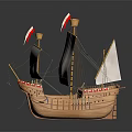 Vintage Wooden Sailing Ship Model Featuring White Sails Red Flags And Detailed Structure