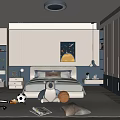 Modern Kids Room Interior Design With Stuffed Animal Sports Toys And Starry Sky Wall Art