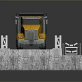 Yellow Dump Truck Driving On Metal Frame Bridge With Concrete Base