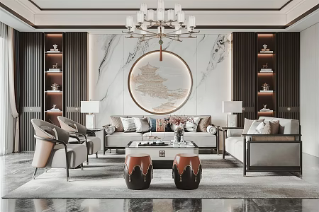 New Chinese Style Living Room Home Living Room Sofa Coffee Table Combination Living Room Chandelier Leisure Chair Drum Stool Sofa Background Wall Coffee Table 3d model