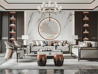 New Chinese Style Living Room Home Living Room Sofa Coffee Table Combination Living Room Chandelier Leisure Chair Drum Stool Sofa Background Wall Coffee Table 3d model