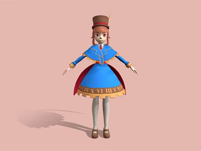 Elegant 3D Cartoon Character Wearing Blue Dress Red Cape Brown Hat On Pink Background 3d model