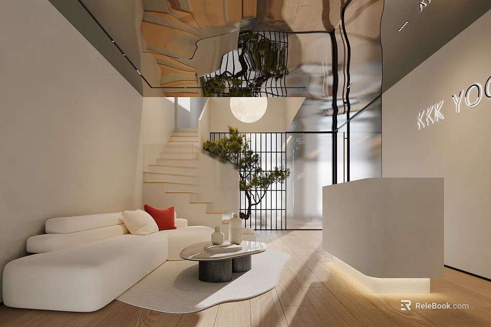 Modern White Reception Desk In Open Space With Sofa Round Coffee Table And Green Plant 3d model 