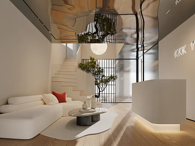 Modern White Reception Desk In Open Space With Sofa Round Coffee Table And Green Plant 3d model