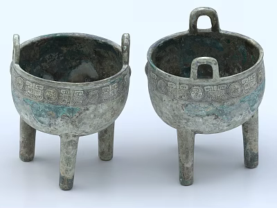 Two Traditional Ceramic Vessels With Three Legs Handles And Decorative Patterns Design 3d model