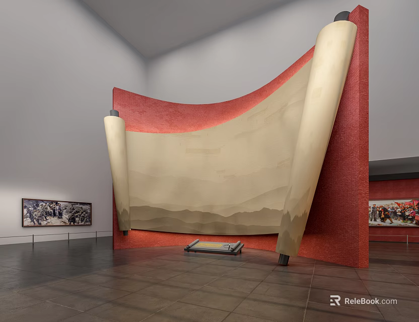 Exhibition Hall Interior Featuring Large Red Framed Scroll Installation And Side Wall Artworks 3d model