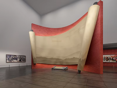Exhibition Hall Interior Featuring Large Red Framed Scroll Installation And Side Wall Artworks 3d model
