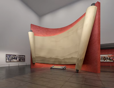 Exhibition Hall Interior Featuring Large Red Framed Scroll Installation And Side Wall Artworks 3d model