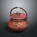 Traditional Copper Container With Lid Carved Patterns And Wooden Handle For Daily Use