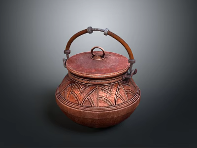 Traditional Copper Container With Lid Carved Patterns And Wooden Handle For Daily Use 3d model