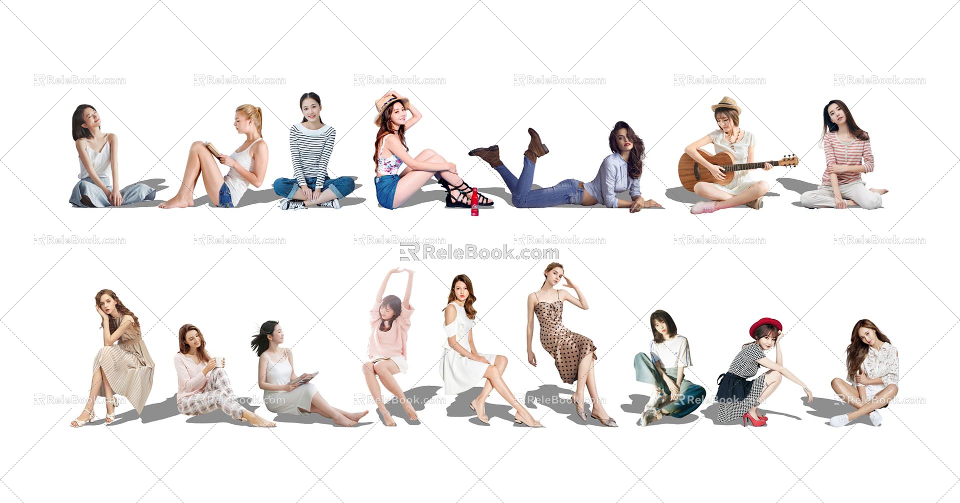 Modern multi-person sitting posture fashion beauty figure woman 3d model