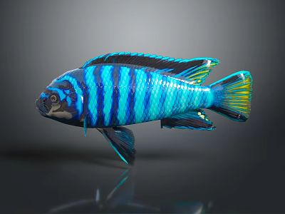 Colorful Tropical Fish With Blue Black Stripes And Yellow Green Tail 3d model