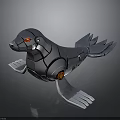 Mechanical Seal Robot Character With Silver Metal Body Red Glowing Eyes And Winged Fins