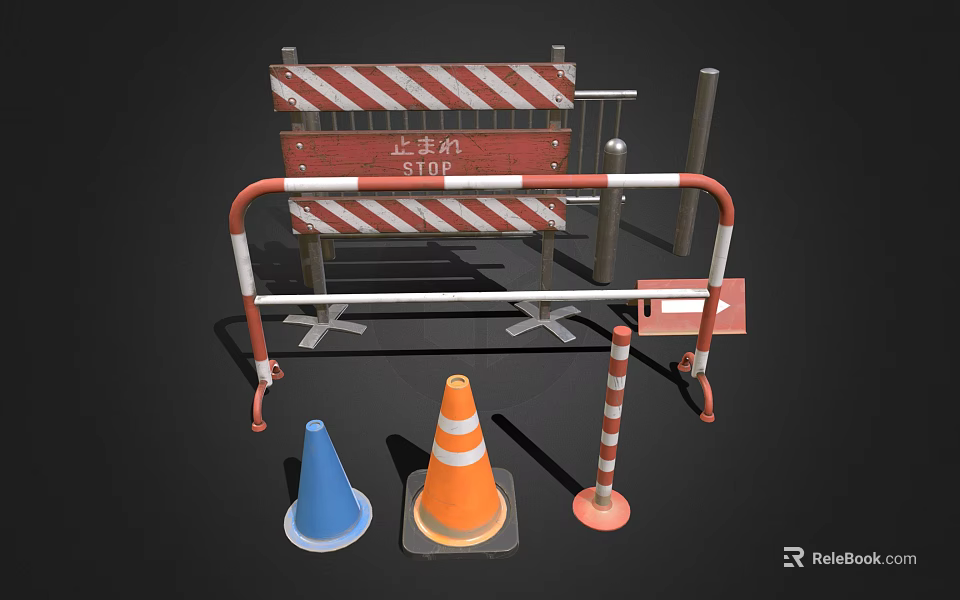 Road Construction Traffic Control Setup With Stop Sign Barriers Cones And Warning Poles 3d model 