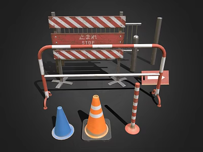 Road Construction Traffic Control Setup With Stop Sign Barriers Cones And Warning Poles 3d model