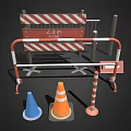 Road Construction Traffic Control Setup With Stop Sign Barriers Cones And Warning Poles 3d model