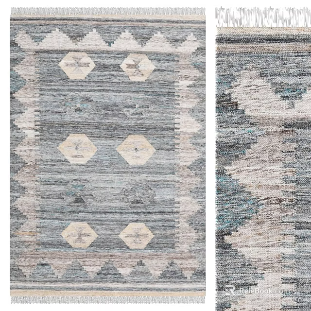 Square Rug With Geometric Patterns Blue Gray Tones Hexagon Motifs And Striped Design 3d model 