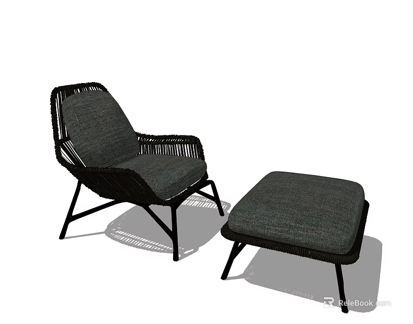 Modern Leisure Chair With Wicker Frame Gray Cushion And Ottoman 3d model 