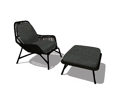 Modern Leisure Chair With Wicker Frame Gray Cushion And Ottoman 3d model