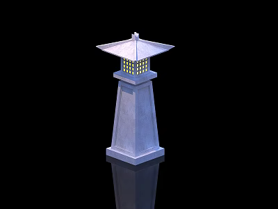 Traditional Outdoor Light With Stone Pillar And Square Lantern Shade Lattice Design 3d model