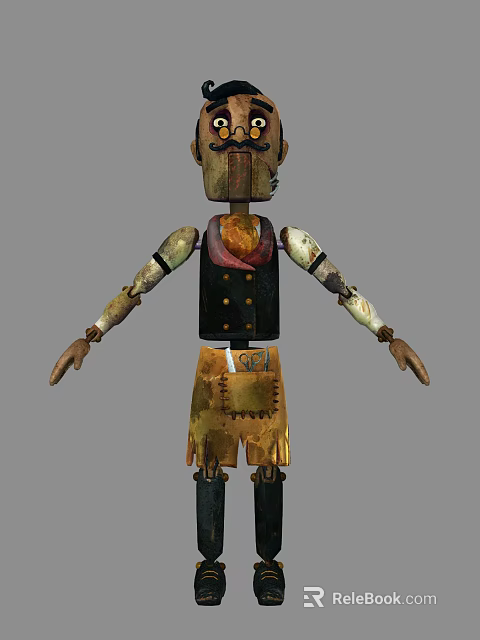Vintage Wooden Puppet With Black Vest Stitched Brown Pants And Old Fashioned Design 3d model 