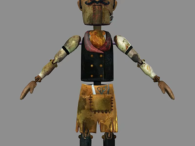 Vintage Wooden Puppet With Black Vest Stitched Brown Pants And Old Fashioned Design 3d model
