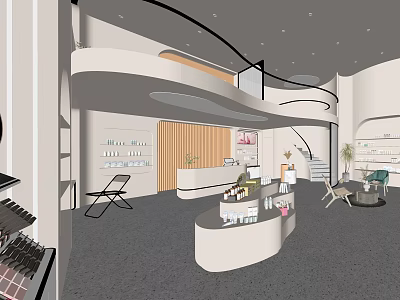 Modern Specialty Store Interior With Counter Product Displays Staircase And Plants 3d model