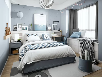 Light Blue Kids Room With Star Patterned Wallpaper Bed Desk And Chandelier 3d model