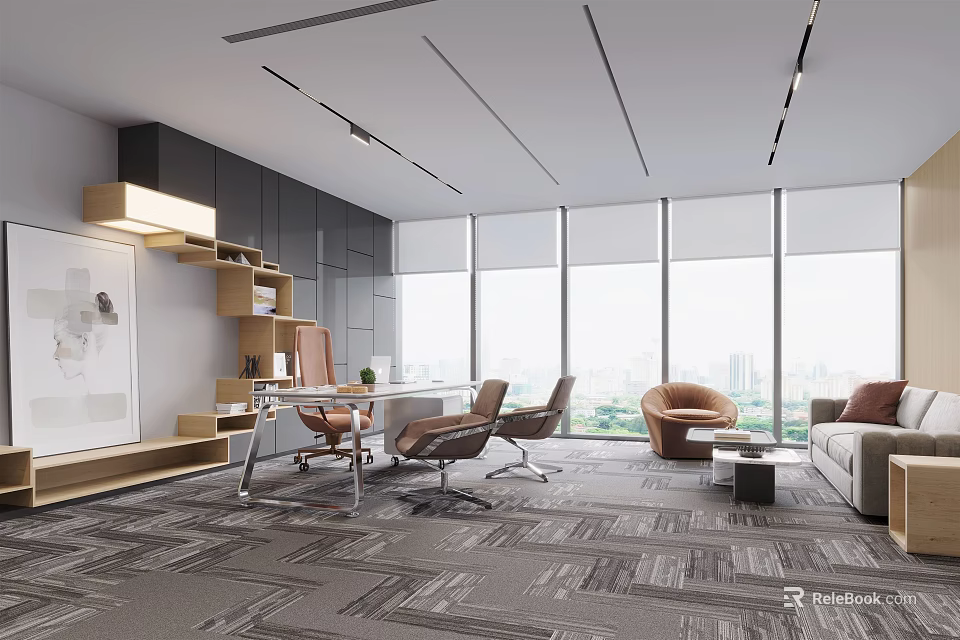 Modern Office Interior Design With Open Layout Large Windows Desk Chairs Sofa And Carpet 3d model