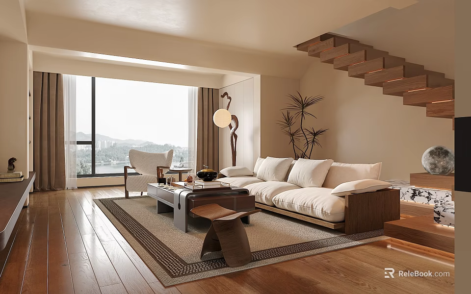 Modern Living Room Interior With Large Windows Wooden Floors Sofa And Green Plant 3d model 