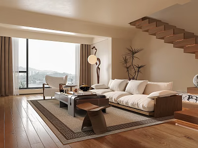 Modern Living Room Interior With Large Windows Wooden Floors Sofa And Green Plant 3d model