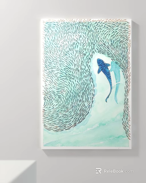 Watercolor Painting Of Blue Fish Surrounded By Swirling School In Light Green White Background 3d model