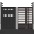 Modern Slatted Metal Gate Design With Stone Pillars And Exterior Lights