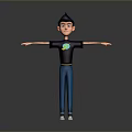 Cartoon Man Wearing Black T-Shirt Purple Design Blue Pants White Shoes Standing With Arms Outstretched