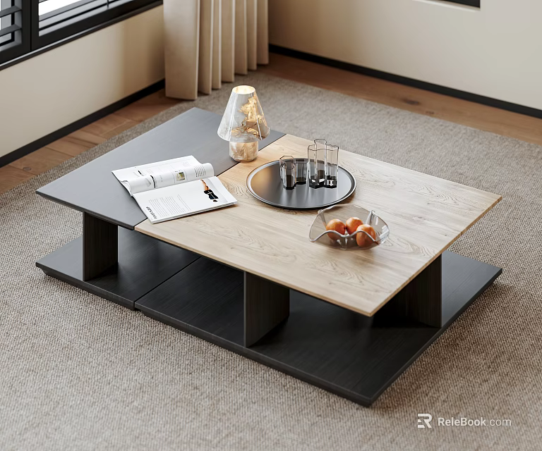 Modern Coffee Table With Wooden Top Black Frame Tray Glass Cups And Fruit Bowl 3d model 