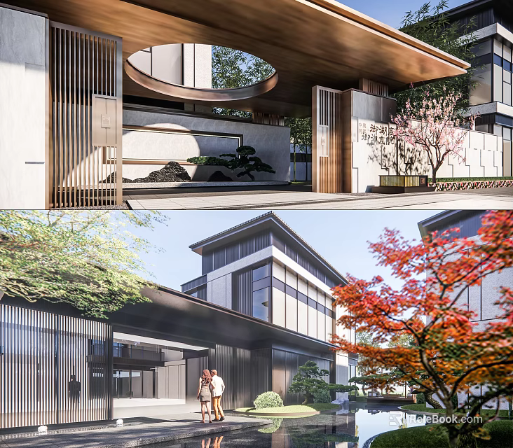 Modern Townhouse Exterior Design With Courtyard Greenery Wooden Elements Large Windows And Landscaped Garden 3d model 