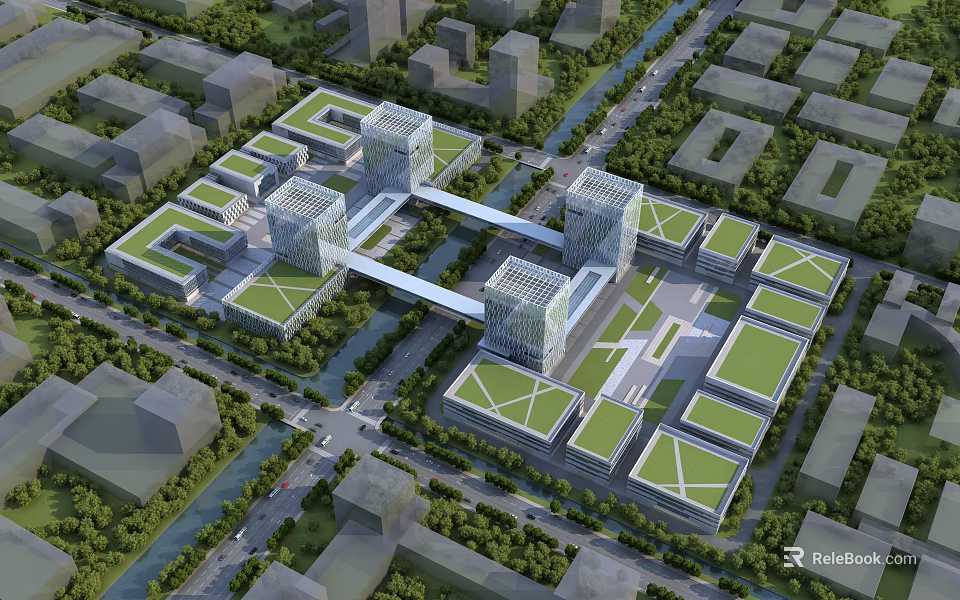 Modern Office Buildings Complex Featuring Green Roofs And Urban City Layout 3d model 