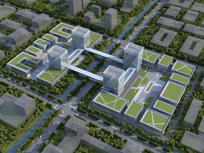 Modern Office Buildings Complex Featuring Green Roofs And Urban City Layout 3d model