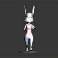 3D Rabbit Character In Blue Red Outfit With Hat Holding Golden Object On Gray Base
