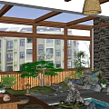 Traditional Courtyard Garden Design with Rock Formations Flowing Water Pine Tree and Wooden Deck