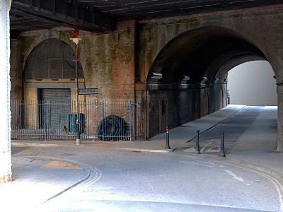 Arched Brick Underpass Area With Metal Fences Street Lamp And Curved Paved Road 3d model