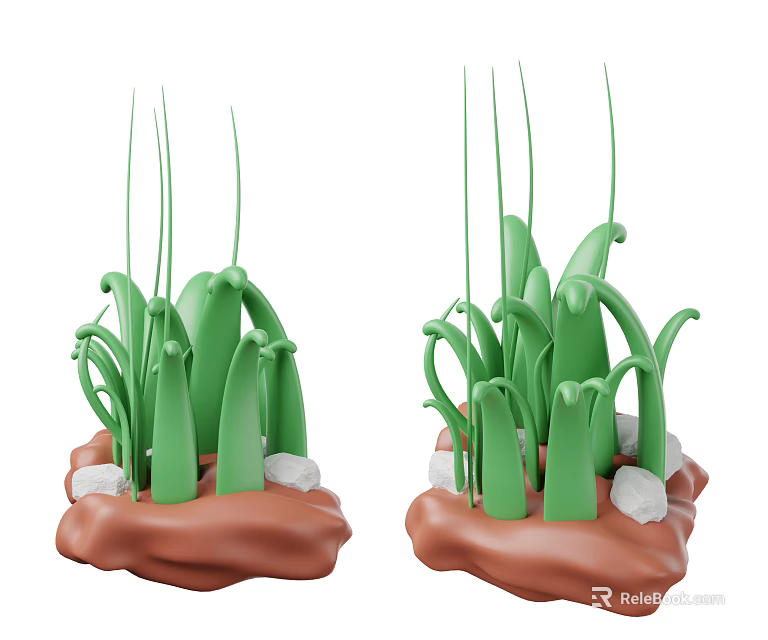 Two Clusters of Green Grass like Plants Growing in Brown Soil with White Pebbles 3d model 