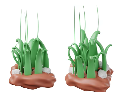 Two Clusters of Green Grass like Plants Growing in Brown Soil with White Pebbles 3d model