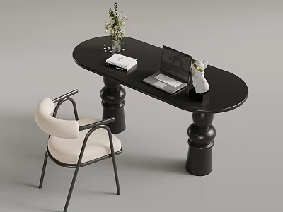 Modern Workspace Black Oval Table Cylindrical Legs Laptop Flower Vase Book Decorative Statue And Chair 3d model