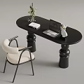 Modern Workspace Black Oval Table Cylindrical Legs Laptop Flower Vase Book Decorative Statue And Chair