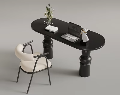 Modern Workspace Black Oval Table Cylindrical Legs Laptop Flower Vase Book Decorative Statue And Chair 3d model
