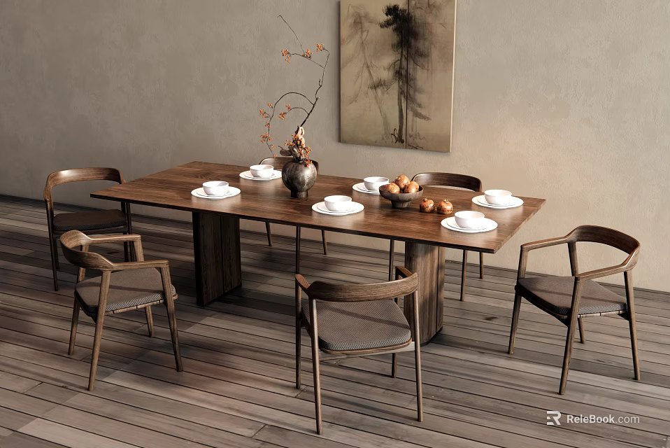 Wooden Dining Table Set With Chairs Vase Fruits Plates On Wooden Floor Wall Painting 3d model 