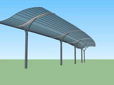 Modern Outdoor Curved Sunshade Canopy With Metal Support Poles And Transparent Roof 3d model