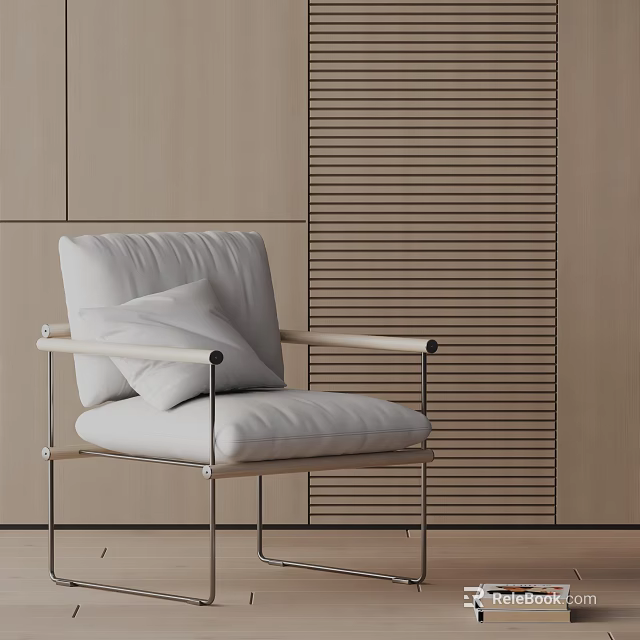 Modern Leisure Chair With Light Upholstered Cushions And Metal Frame By Slatted Wooden Wall 3d model 