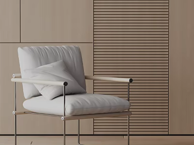 Modern Leisure Chair With Light Upholstered Cushions And Metal Frame By Slatted Wooden Wall 3d model